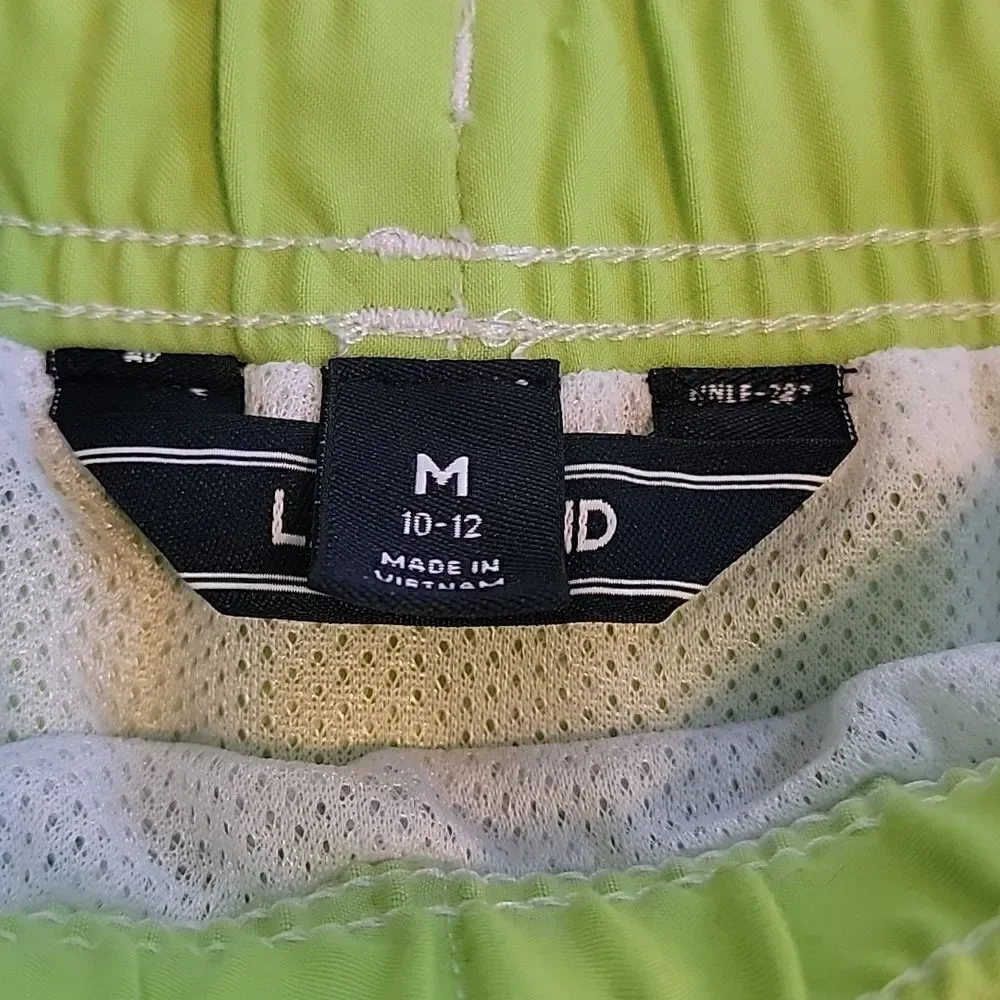 LANDS' END BLUE AND NEON SWIM TRUNKS, SIZE 10-12
